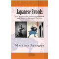 Book cover for 'Japanese Swords: The Katana and Gunto in Medieval and Modern Japanese Warfare' by Martina Sprague, featuring a pale pink and white background with orange bands at the top and bottom, plus two central images related to Japanese swords.