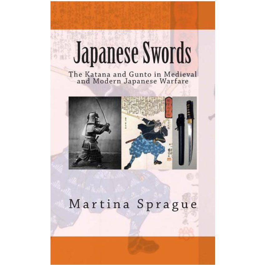 Book cover for 'Japanese Swords: The Katana and Gunto in Medieval and Modern Japanese Warfare' by Martina Sprague, featuring a pale pink and white background with orange bands at the top and bottom, plus two central images related to Japanese swords.