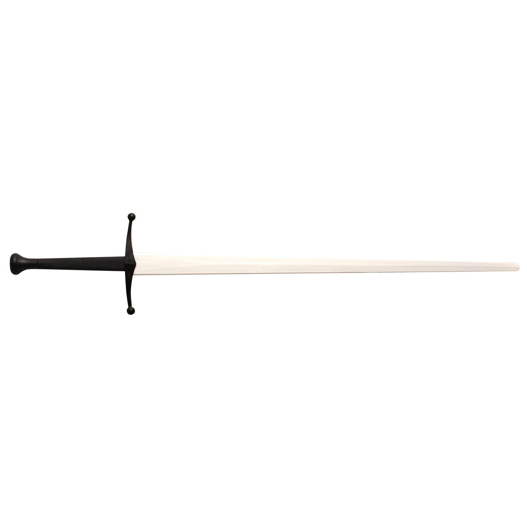 A medieval-style sword with a long, straight off-white blade and a black hilt, shown vertically against a solid white background.