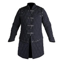 A black medieval-style quilted tunic coat with silver-toned metal toggle closures, shoulder guards, and grommet details, shown against a plain white background.