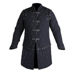 A black medieval-style quilted tunic coat with silver-toned metal toggle closures, shoulder guards, and grommet details, shown against a plain white background.