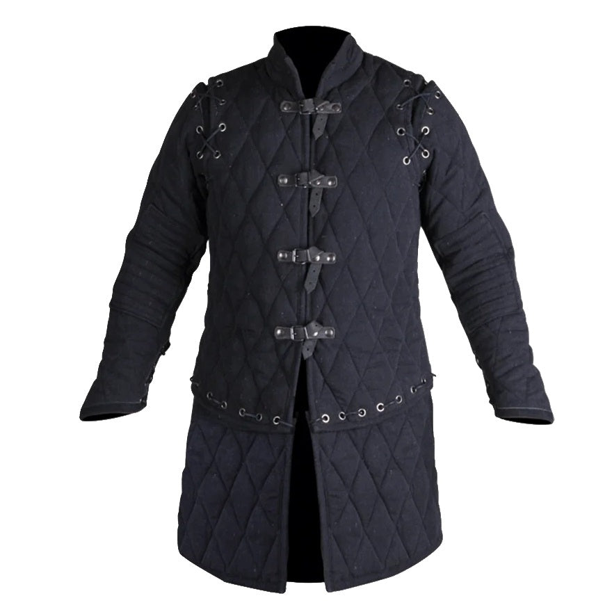 A black medieval-style quilted tunic coat with silver-toned metal toggle closures, shoulder guards, and grommet details, shown against a plain white background.