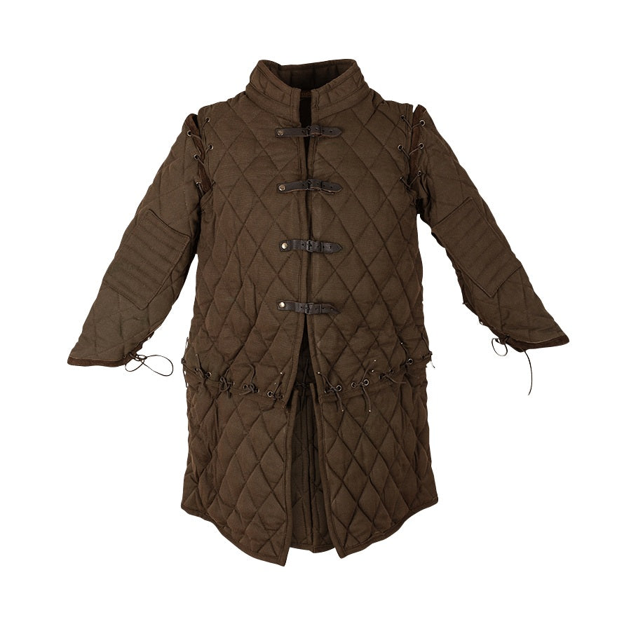 A dark brown quilted jacket with a high collar, front toggle closures, and side laces, displayed against a plain white background.