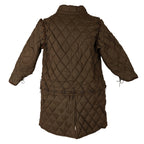 A brown diamond-quilted padded jacket with long sleeves, lace-up detailing on the sides, and a high collar, shown against a plain white background.