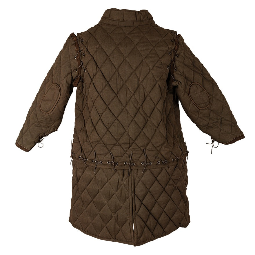 A brown diamond-quilted padded jacket with long sleeves, lace-up detailing on the sides, and a high collar, shown against a plain white background.