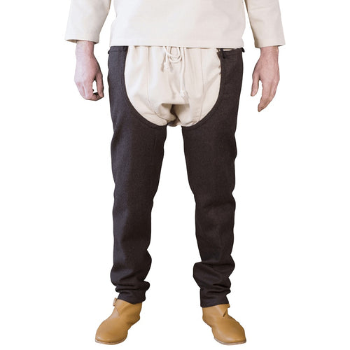 Bernulf Warrior Chausses in Brown, front view worn with braies and a tunic