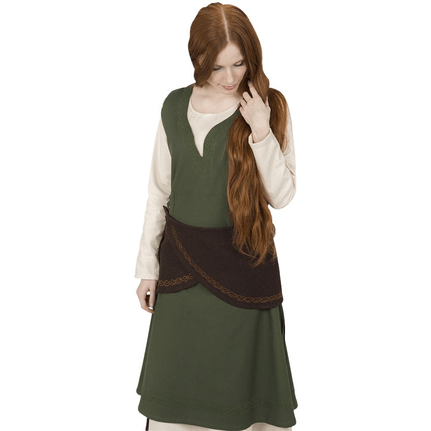 Woman wearing brown wool-blend medieval style sash belt.
