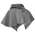 A gray hooded cape with a single button closure, displayed on a solid white background.