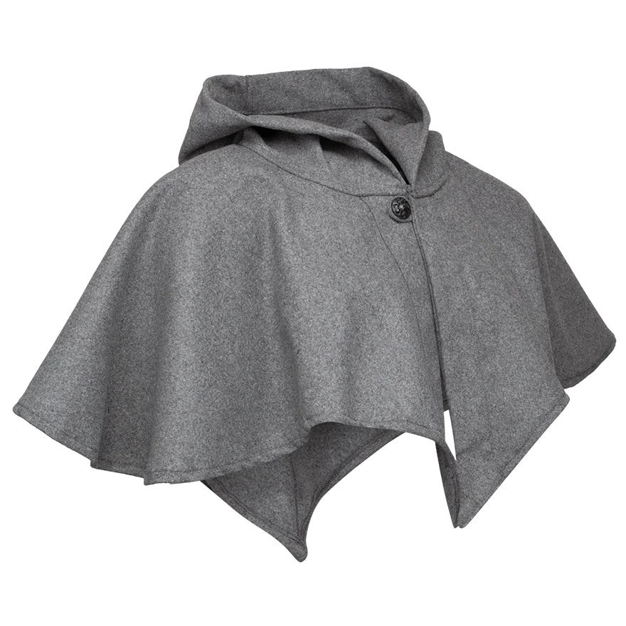 A gray hooded cape with a single button closure, displayed on a solid white background.