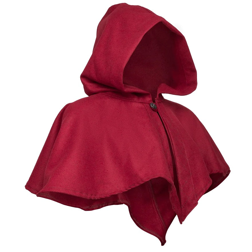 A deep red hooded cape with a button closure, shown against a plain white background.