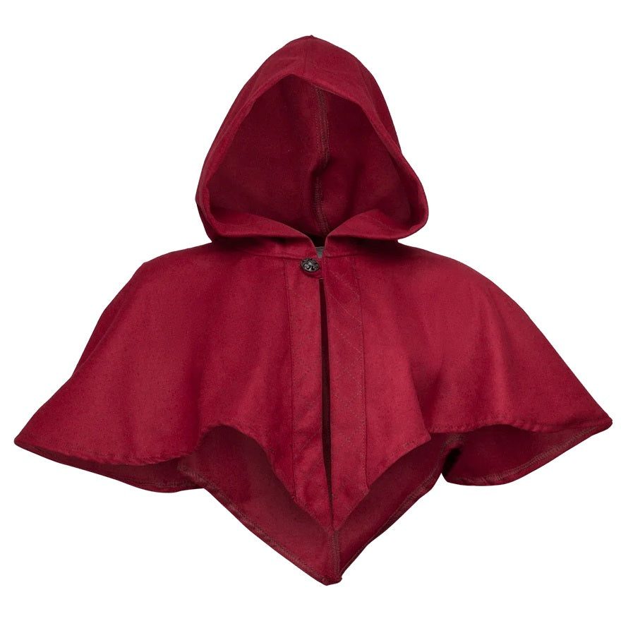 A red hooded cape with a central button, displayed against a solid white background.