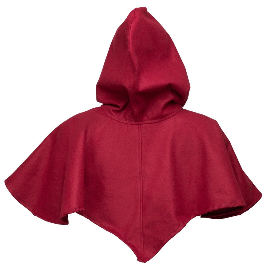 A dark red hoodwith a triangular pointed bottom, shown against a plain white background.