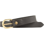 A black leather belt with a gold-tone metal buckle and a matching gold-tone rivet, shown coiled on a plain white background.
