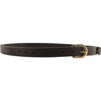 A black leather belt with a gold-tone metal buckle, shown coiled against a plain white background.