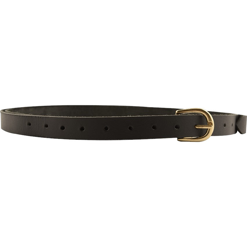A black leather belt with a gold-tone metal buckle, shown coiled against a plain white background.