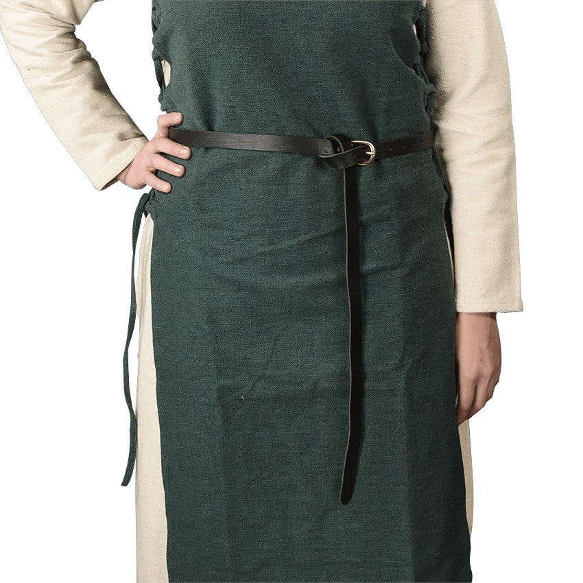 A man wearing a green medieval tunic and a long medieval belt made of black leather.
