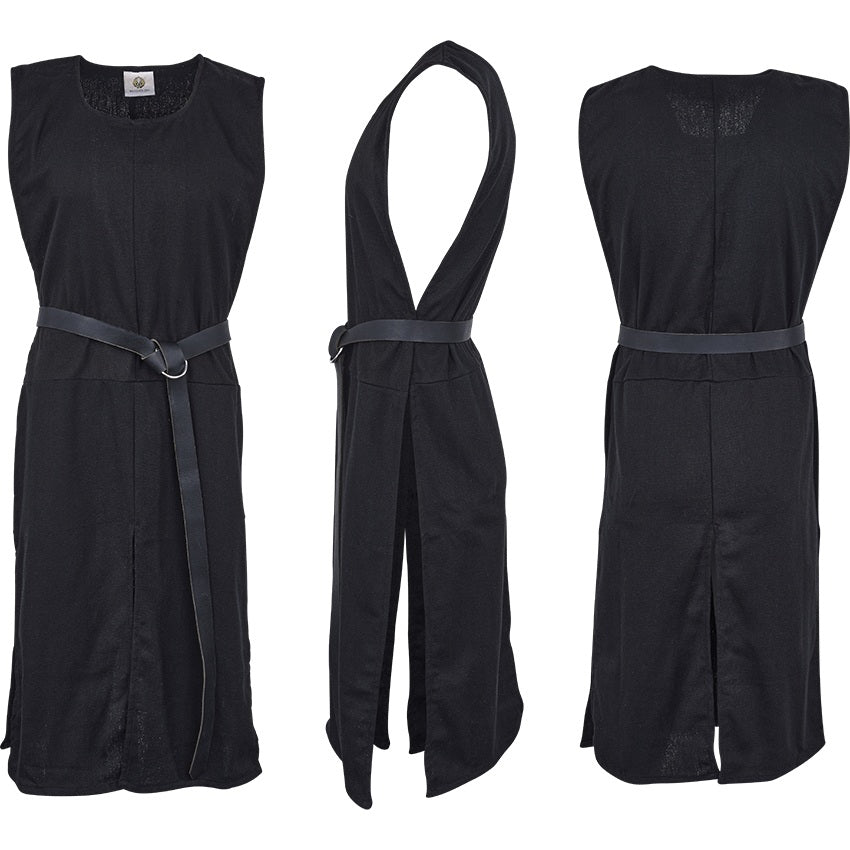 Anton Squared Tabard in Black with Black, front, side, and back views with belt
