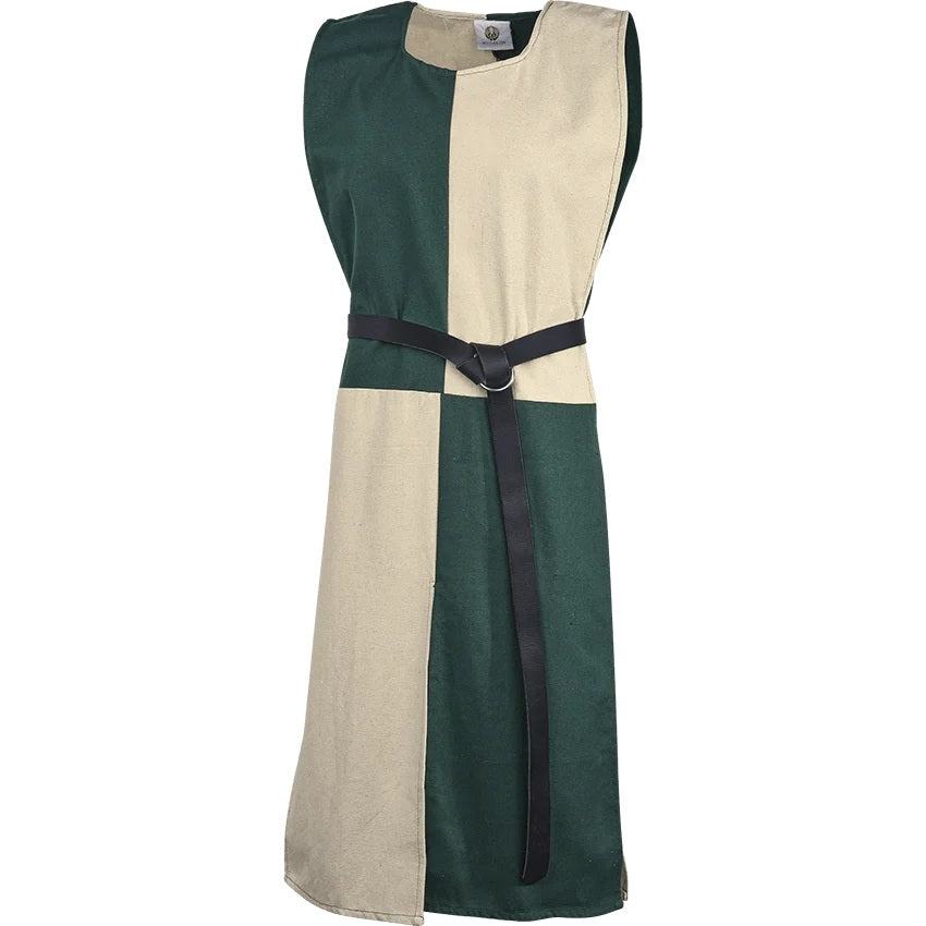 Anton Squared Tabard in Green with Cream, worn with belt, front view