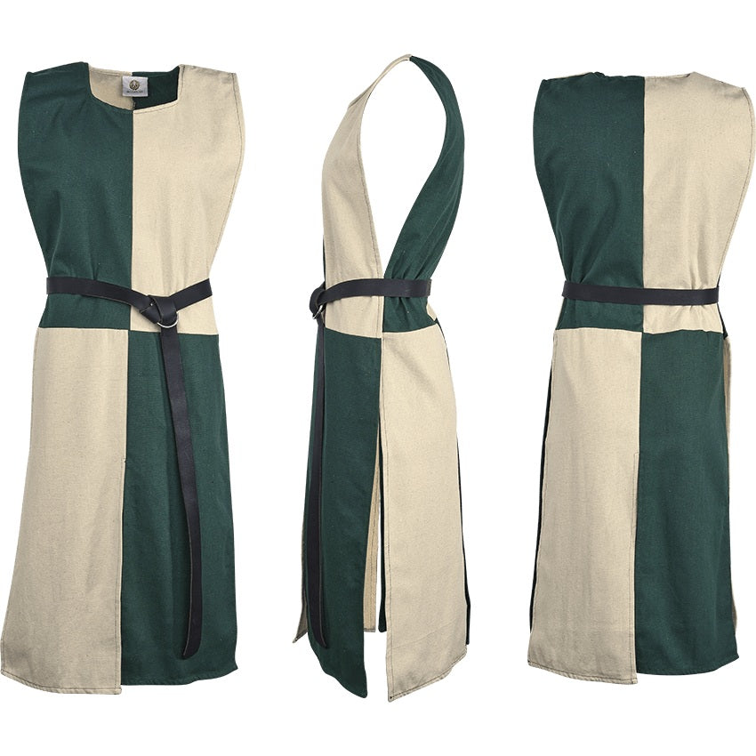 Anton Squared Tabard in Green with Cream, front, side, and back views with belt