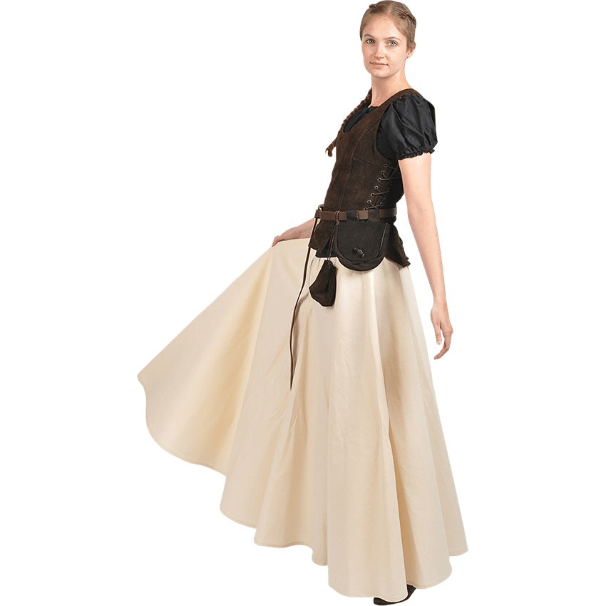 Lisa Suede Bodice in Black, worn over a blouse with a cream skirt, full length styled look