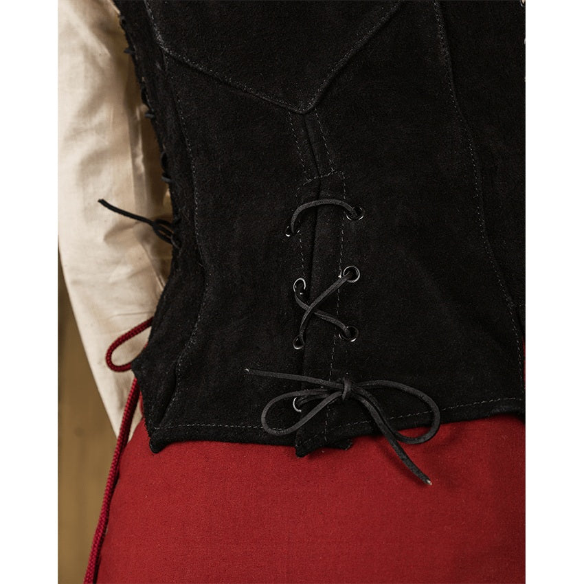 Lisa Suede Bodice in Black, worn, close-up of side lacing