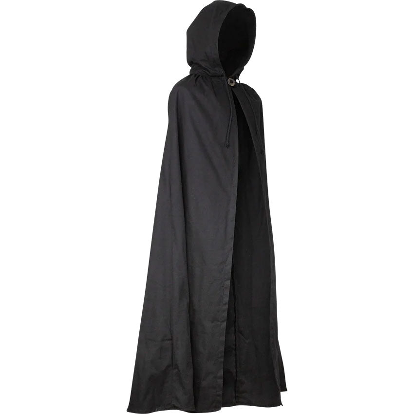 Side view of medieval black hooded Ren Faire cloak.