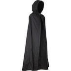 Side view of medieval black hooded Ren Faire cloak.