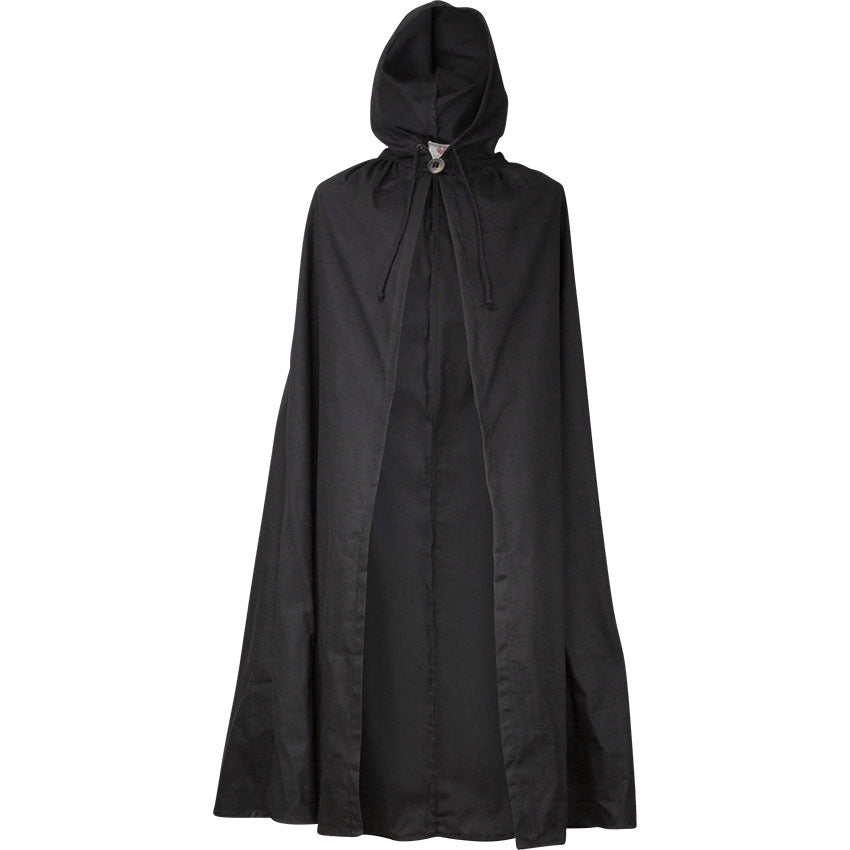 Black canvas hooded medieval cloak.