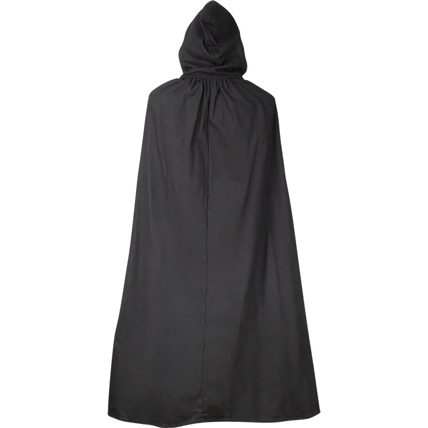 A black hooded cape or cloak shown from the back, photographed against a plain white background.