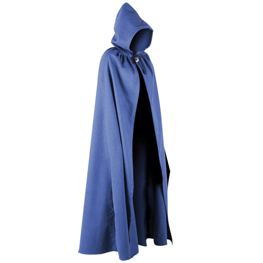 A royal blue hooded cloak with a drawstring closure and a single button, displayed on a white background.