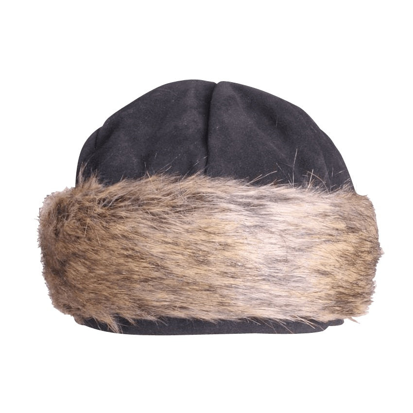 Ragi Fur Cap in Black – flat lay, front angle