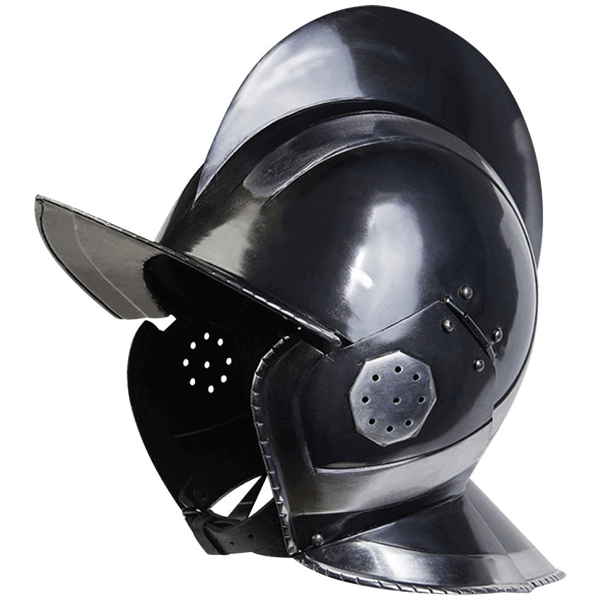 Kaspar Burgonet Helmet in Blackened finish, side view showing brow peak, crest, and cheek flap
