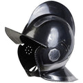 Kaspar Burgonet Helmet in Blackened finish, side view showing brow peak, crest, and cheek flap