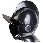 Kaspar Burgonet Helmet in Blackened finish, side view showing brow peak, crest, and cheek flap