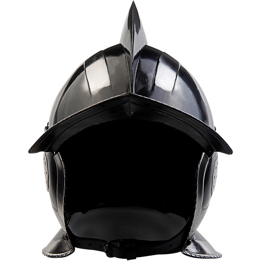 Kaspar Burgonet Helmet in Blackened finish, front view, open face with crest and brow peak