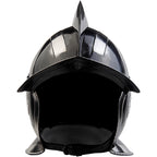Kaspar Burgonet Helmet in Blackened finish, front view, open face with crest and brow peak