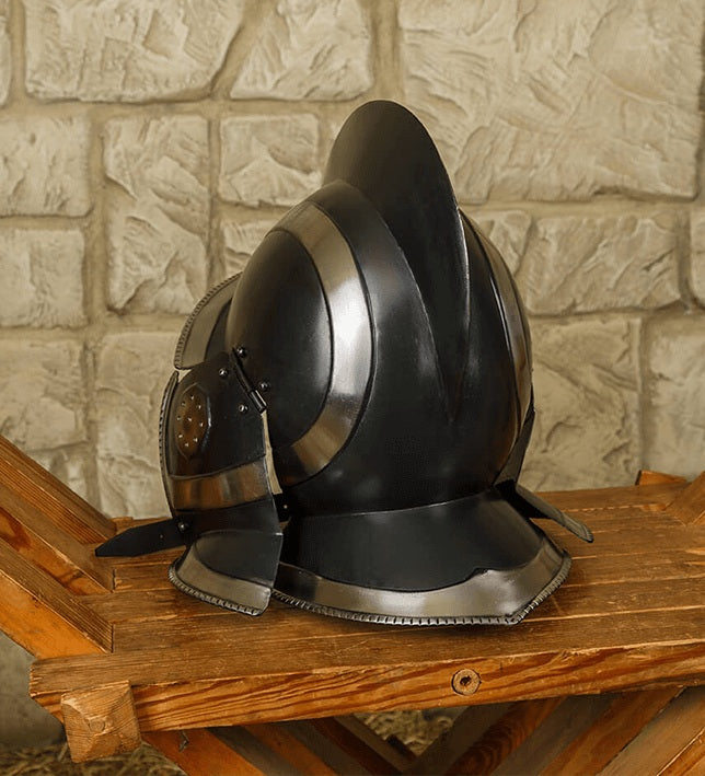 Kaspar Burgonet Helmet in Blackened finish, side profile on wooden display, steel crest and neck tail