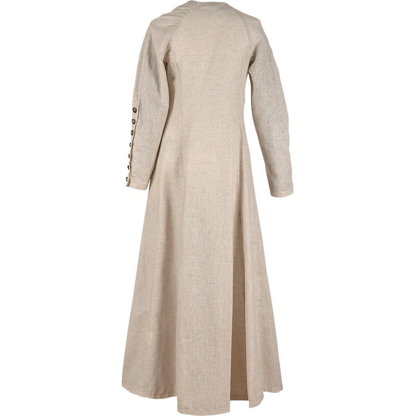 Jovina Linen Dress in Cream, front view, long sleeves and tapered waist