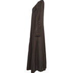 Jovina Linen Dress in Brown, side profile, ankle length