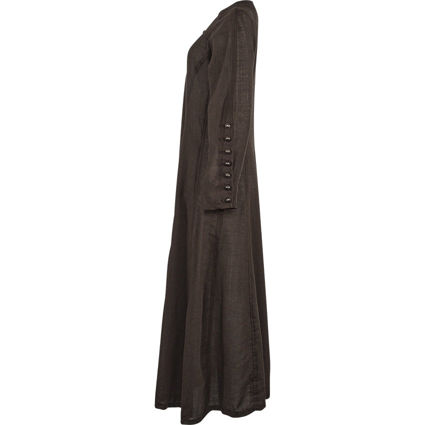 Jovina Linen Dress in Brown, side profile, ankle length