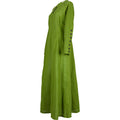 Jovina Linen Dress in Moss Green, side view, ankle length with buttoned sleeve