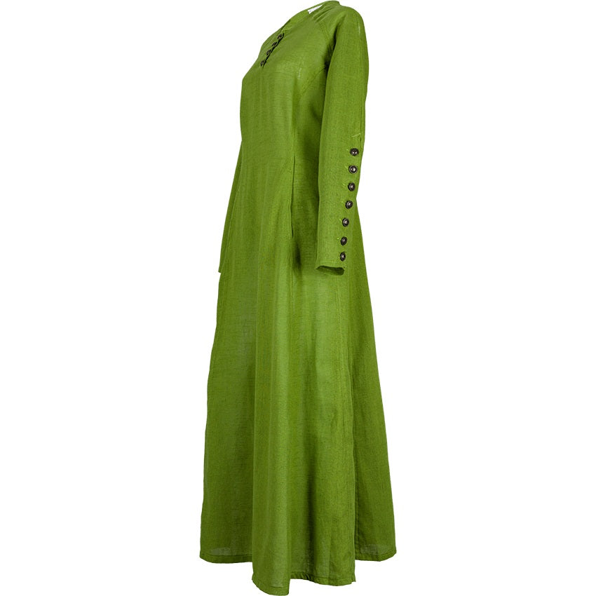 Jovina Linen Dress in Moss Green, side view, ankle length with buttoned sleeve