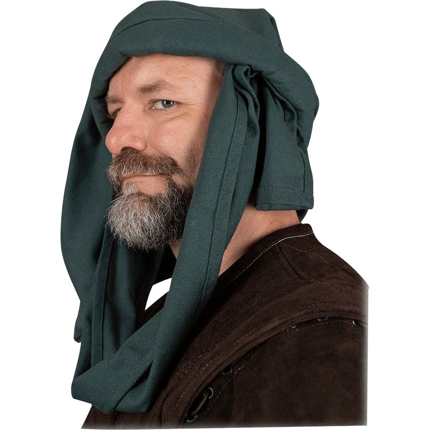 A man wearing a dark forest green medieval-style fabric head covering or hood, paired with a brown tunic, shown against a solid white background.