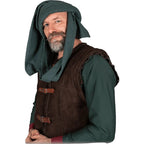 A man wearing a medieval-style costume with a dark green hooded tunic and a brown suede-like vest with leather straps, photographed against a plain white background.
