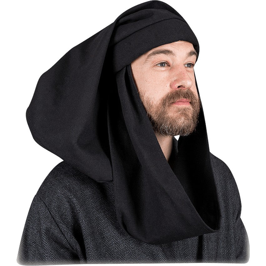 A man wearing a black medieval-style hood and matching dark textured tunic against a plain white background.