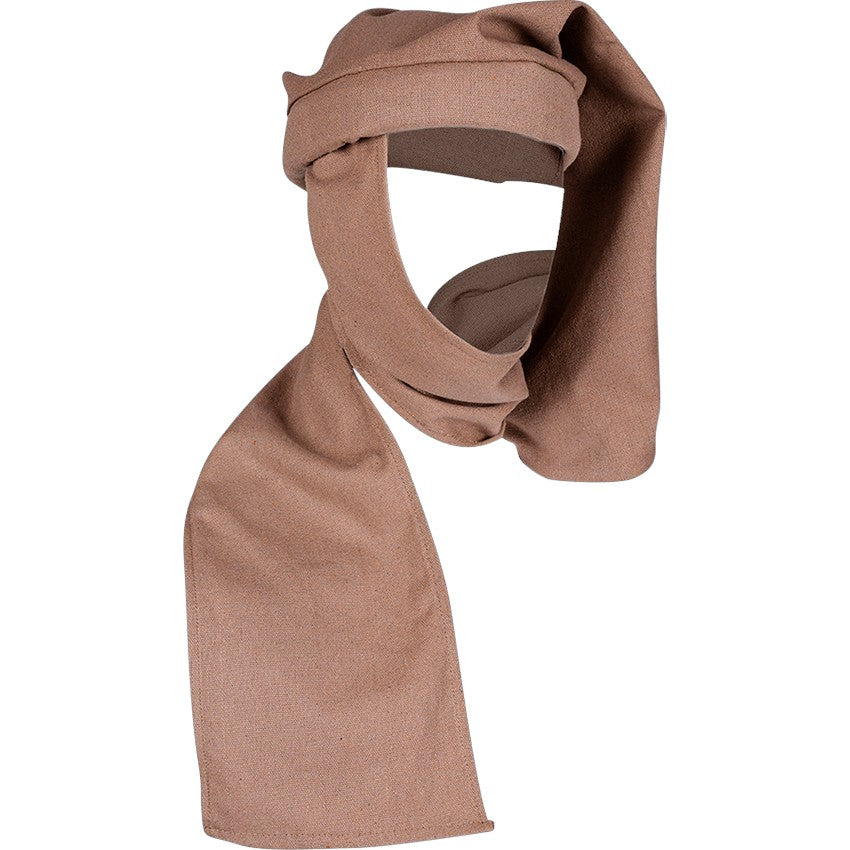 A single fabric head covering or scarf-style hat in a warm taupe-brown color, arranged on a plain white background.