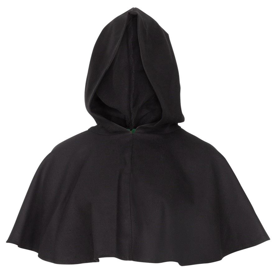 A black hooded cape or cloak with a wide draped silhouette, shown against a plain white background.