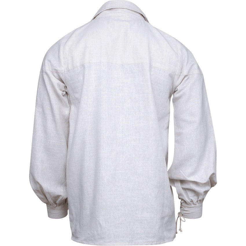 Rear view of Mytholon linen blend Renaissance shirt, white.