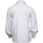 Rear view of Mytholon linen blend Renaissance shirt, white.