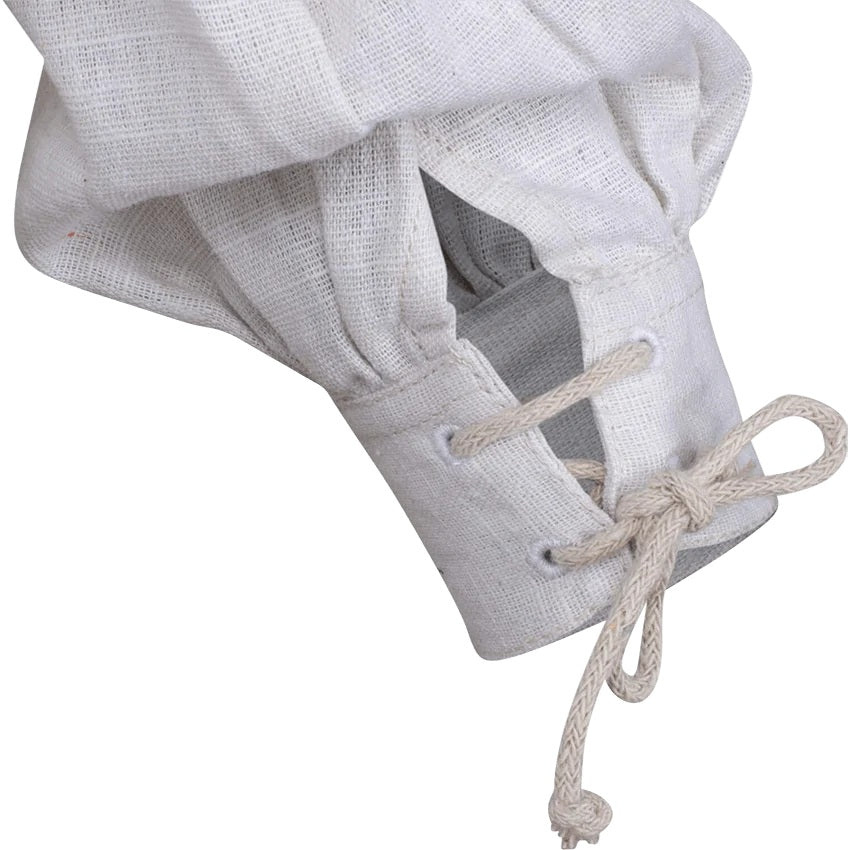 A close-up of a white textured fabric sleeve or pouch with a gathered top and a lace-up cuff made of beige rope, shown on a plain white background.